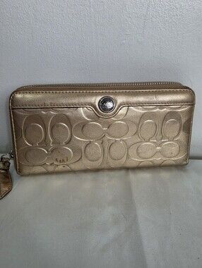 Coach Metallic Gold Signature Zip Wallet